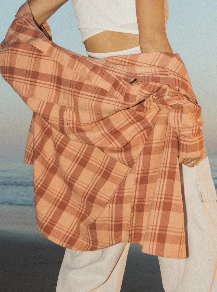 Roxy Tops Let It Go Flannel Long Sleeve Shirt Cedar Wood Swell Check 8211 Womens
