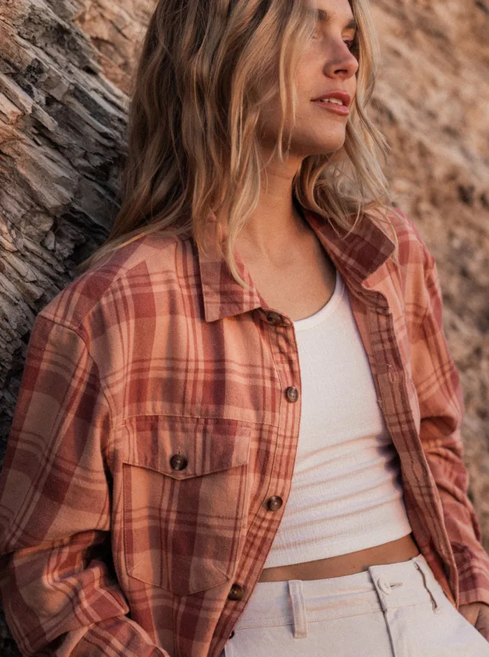 Roxy Tops Let It Go Flannel Long Sleeve Shirt Cedar Wood Swell Check 8211 Womens