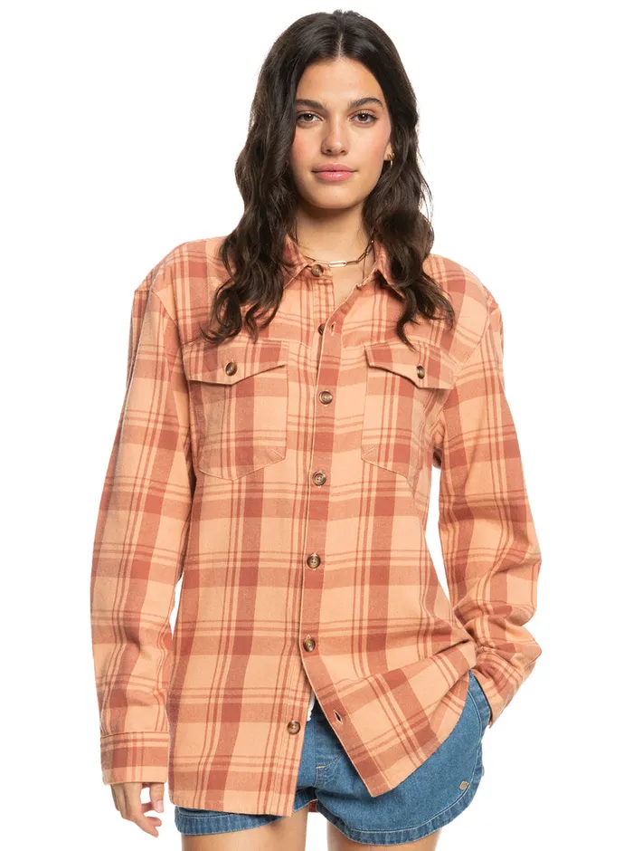 Roxy Tops Let It Go Flannel Long Sleeve Shirt Cedar Wood Swell Check 8211 Womens