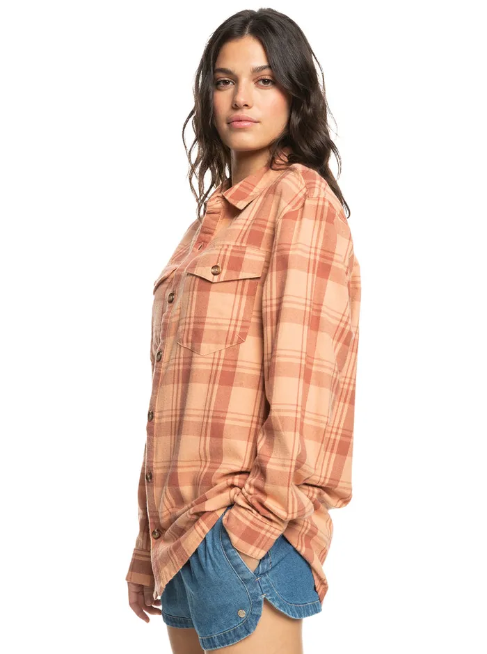 Roxy Tops Let It Go Flannel Long Sleeve Shirt Cedar Wood Swell Check 8211 Womens