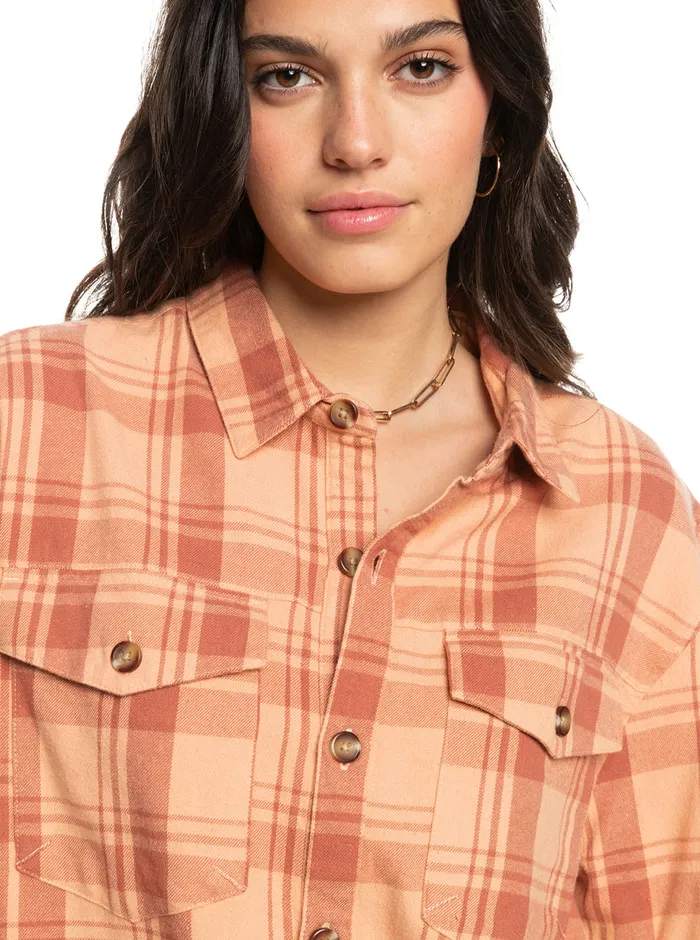 Roxy Tops Let It Go Flannel Long Sleeve Shirt Cedar Wood Swell Check 8211 Womens