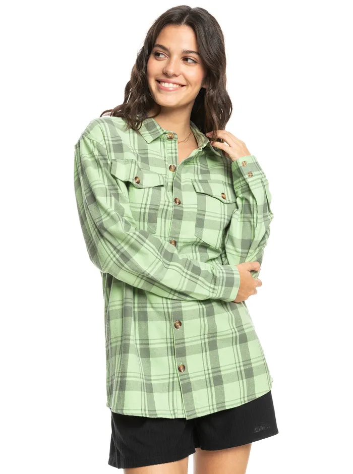 Roxy Tops Let It Go Flannel Long Sleeve Shirt Quiet Green Swell Check 8211 Womens