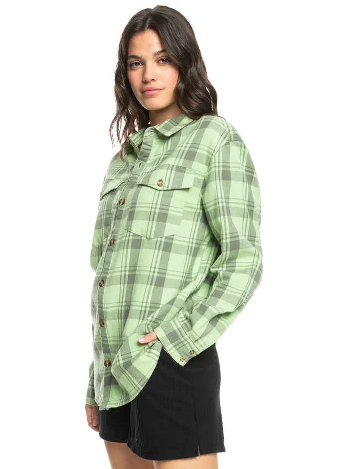 Roxy Tops Let It Go Flannel Long Sleeve Shirt Quiet Green Swell Check 8211 Womens