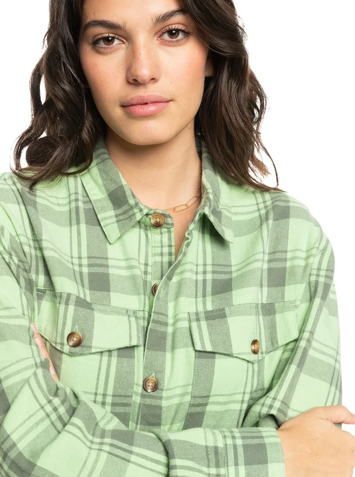 Roxy Tops Let It Go Flannel Long Sleeve Shirt Quiet Green Swell Check 8211 Womens