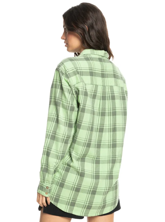 Roxy Tops Let It Go Flannel Long Sleeve Shirt Quiet Green Swell Check 8211 Womens