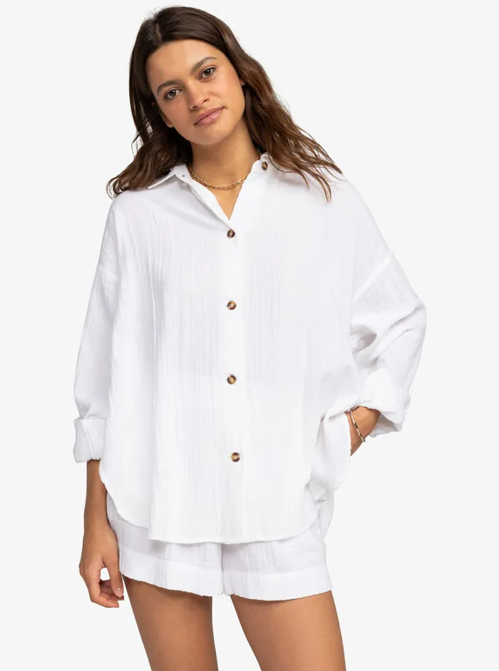 Roxy Tops Morning Time Long Sleeve Shirt Snow White 8211 Womens