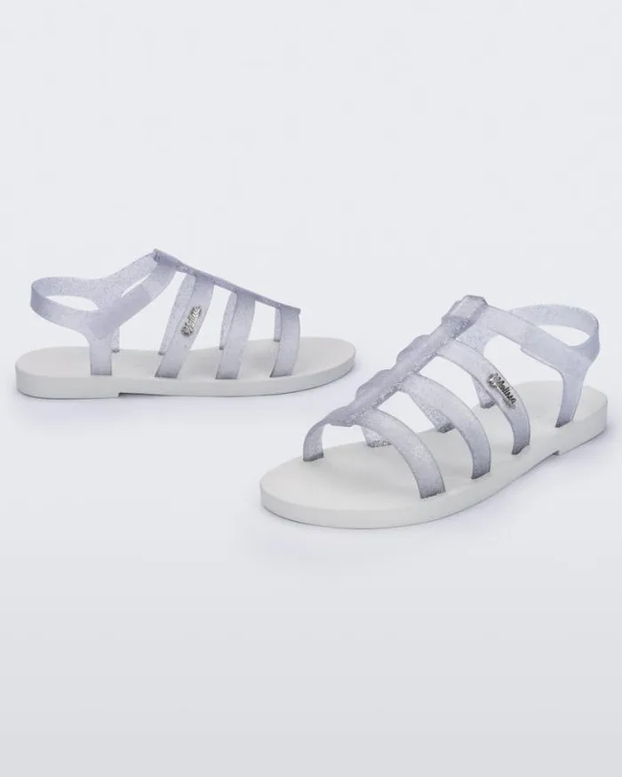 Sandals Women Melissa Sun Rodeo Whiteclear Glitter Silver