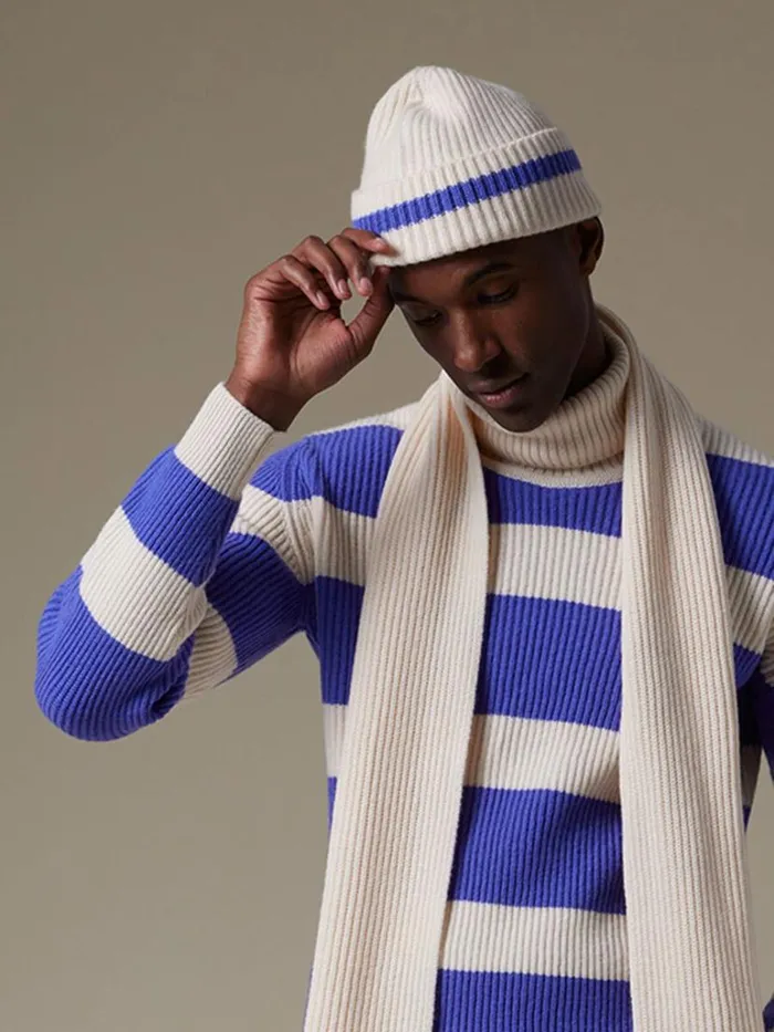 Scarves Hats Gloves Mens Paul Stuart Contrast Stripe Cashmere Hat Blue