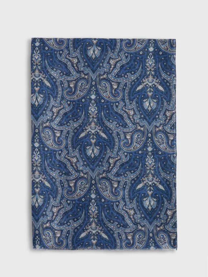 Scarves Hats Gloves Mens Paul Stuart Cotton and Linen Paisley Print Scarf Navy