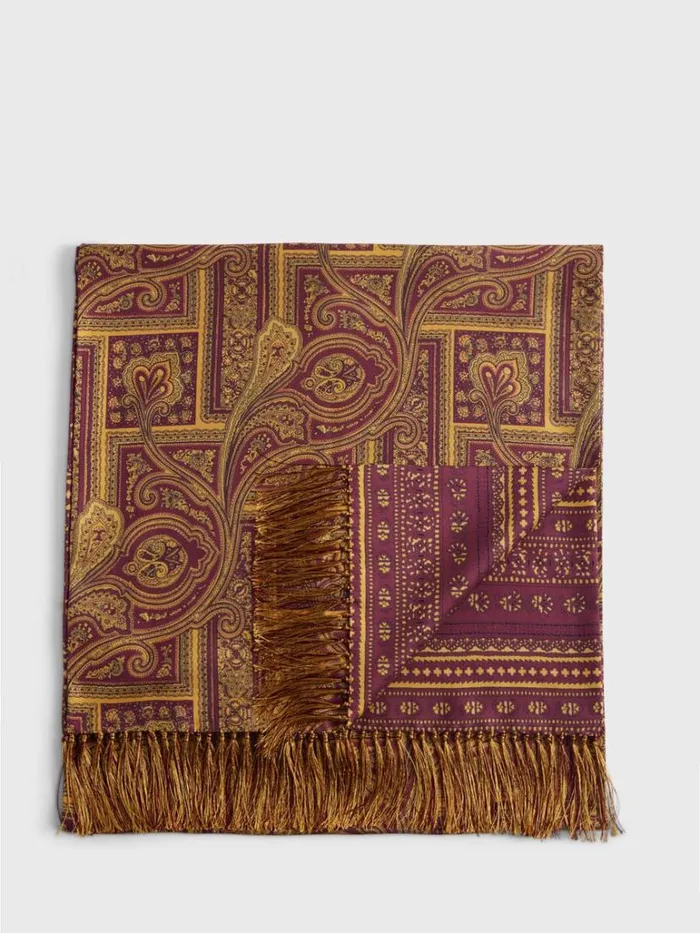 Scarves Hats Gloves Mens Paul Stuart Paisley and Fair Isle Reversible Silk Scarf Burgundy