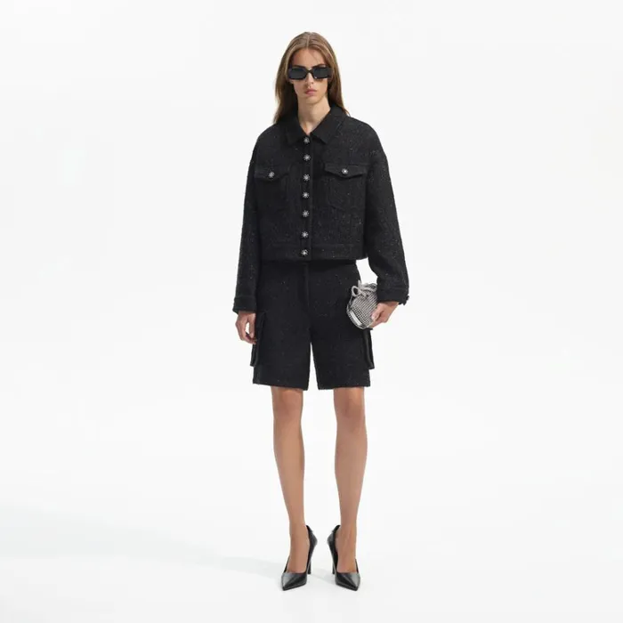 Self Portrait Bottoms Black Boucle Cargo Shorts 8211 Women