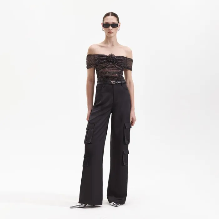 Self Portrait Bottoms Black Satin Cargo Trouser 8211 Women