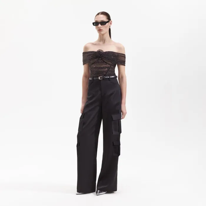 Self Portrait Bottoms Black Satin Cargo Trouser 8211 Women Self Portrait Bottoms Black Satin Cargo Trouser 8211 Women