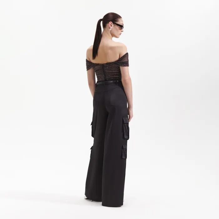 Self Portrait Bottoms Black Satin Cargo Trouser 8211 Women Self Portrait Bottoms Black Satin Cargo Trouser 8211 Women