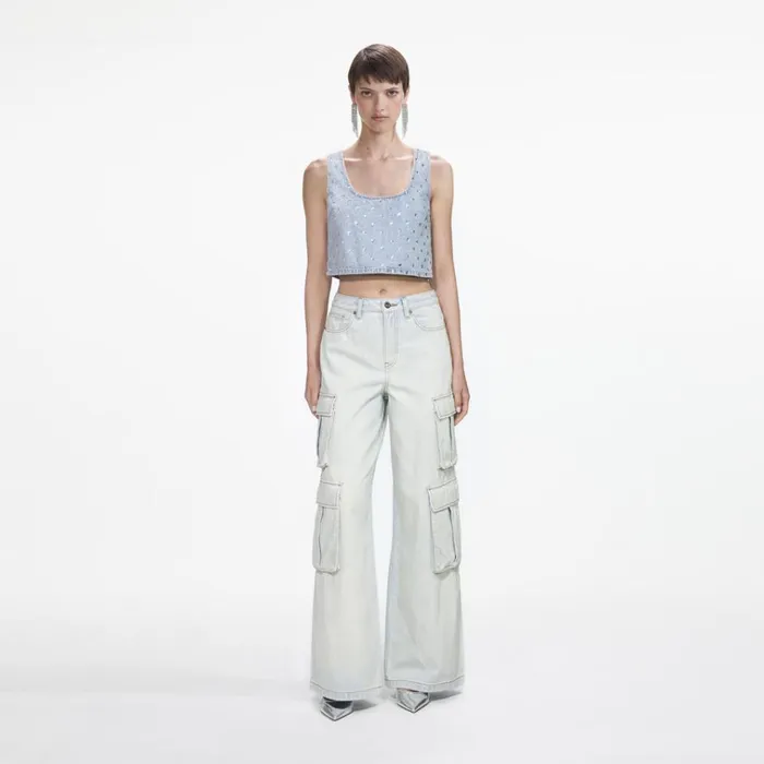 Self Portrait Bottoms Bleach Wash Denim Cargo Jeans 8211 Women