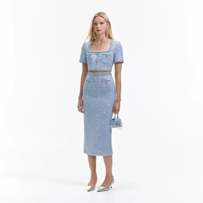Self Portrait Bottoms Blue Sequin Boucle Midi Skirt 8211 Women Self Portrait Bottoms Blue Sequin Boucle Midi Skirt 8211 Women