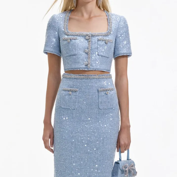 Self Portrait Bottoms Blue Sequin Boucle Midi Skirt 8211 Women Self Portrait Bottoms Blue Sequin Boucle Midi Skirt 8211 Women