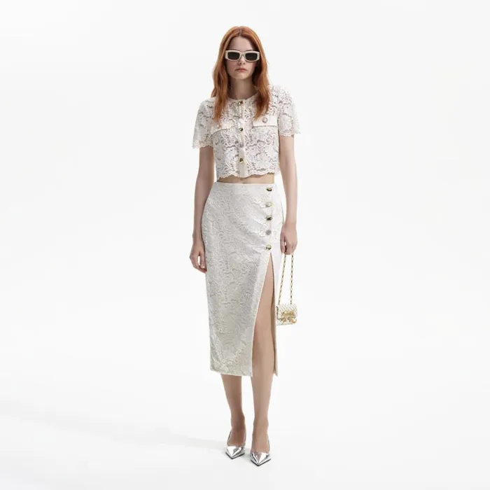 Self Portrait Bottoms Cream Cord Lace Split Midi Skirt 8211 Women
