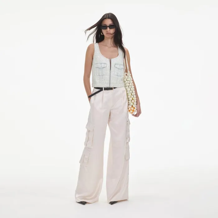 Self Portrait Bottoms Cream Satin Cargo Trousers 8211 Women