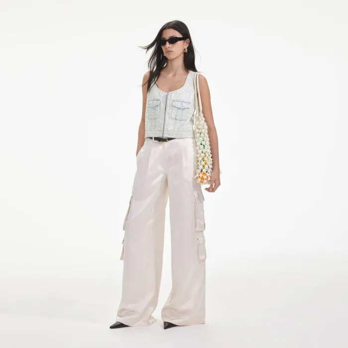 Self Portrait Bottoms Cream Satin Cargo Trousers 8211 Women Self Portrait Bottoms Cream Satin Cargo Trousers 8211 Women