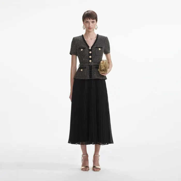 Self Portrait Dresses Black Boucle Chiffon Midi Dress 8211 Women