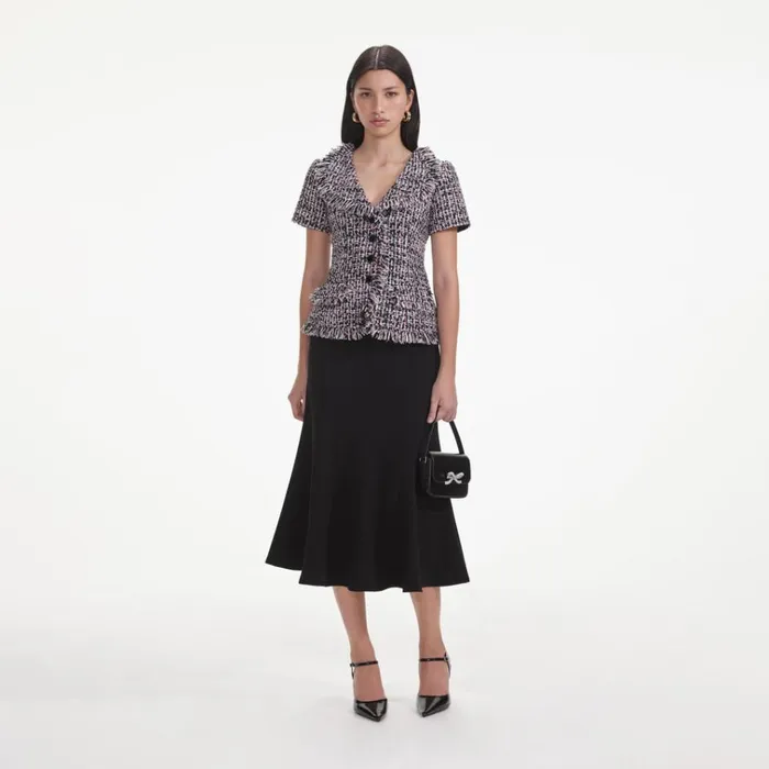 Self Portrait Dresses Black Boucle Fringed Midi Dress 8211 Women