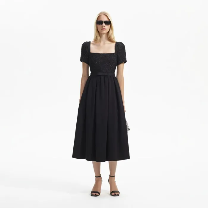 Self Portrait Dresses Black Boucle Square Neck Midi Dress 8211 Women