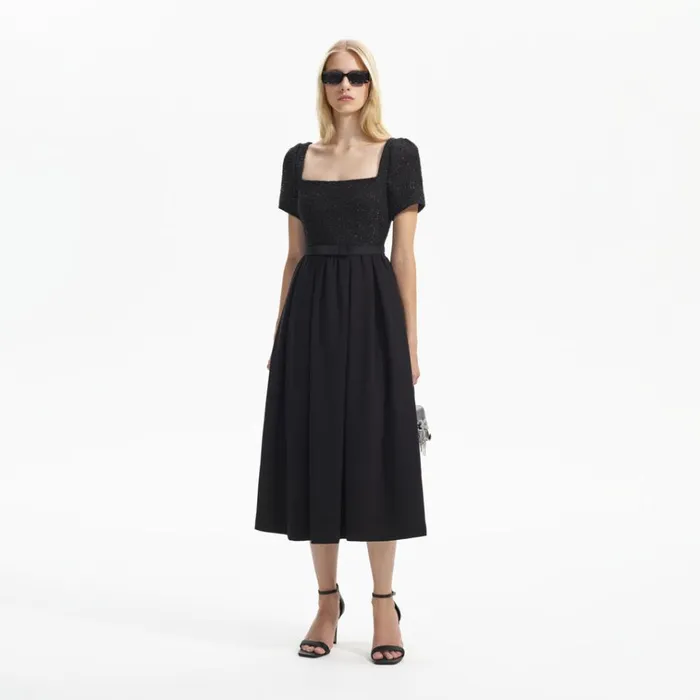 Self Portrait Dresses Black Boucle Square Neck Midi Dress 8211 Women Self Portrait Dresses Black Boucle Square Neck Midi Dress 8211 Women