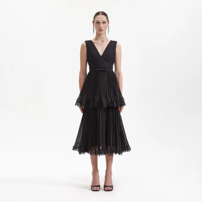 Self Portrait Dresses Black Chiffon Tier Midi Dress 8211 Women