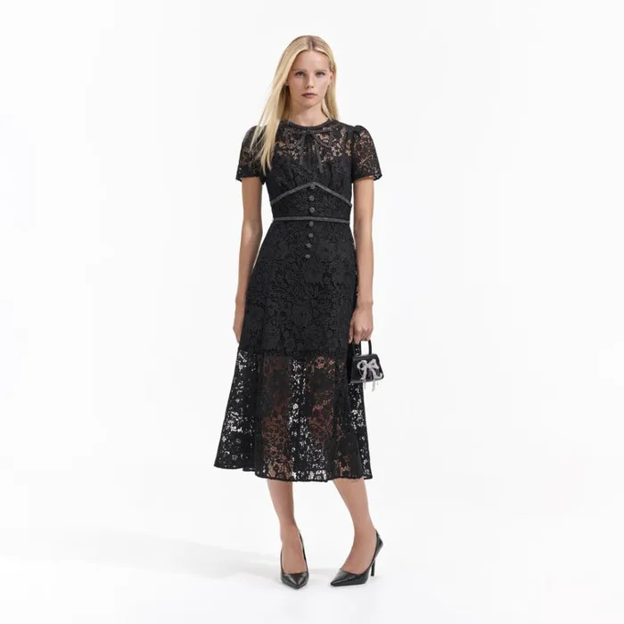Self Portrait Dresses Black Cord Lace Bow Midi Dress 8211 Women