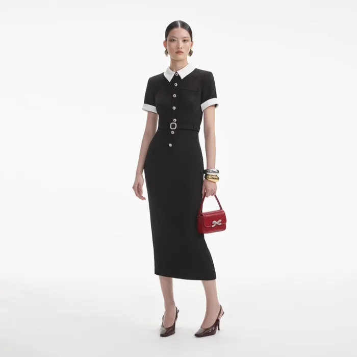 Self Portrait Dresses Black Crepe Contrast Midi Dress 8211 Women