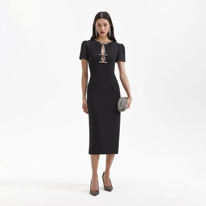 Self Portrait Dresses Black Crepe Diamante Bow Midi Dress 8211 Women