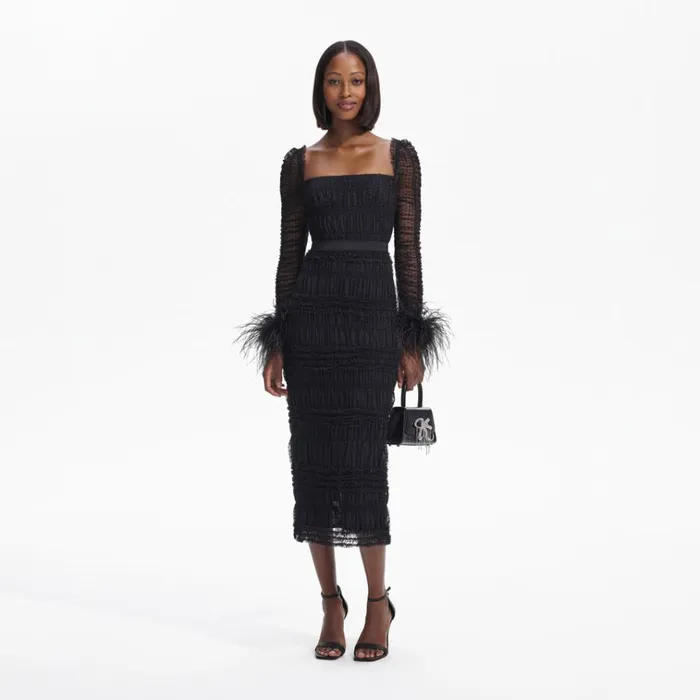 Self Portrait Dresses Black Dot Mesh Feather Midi Dress 8211 Women