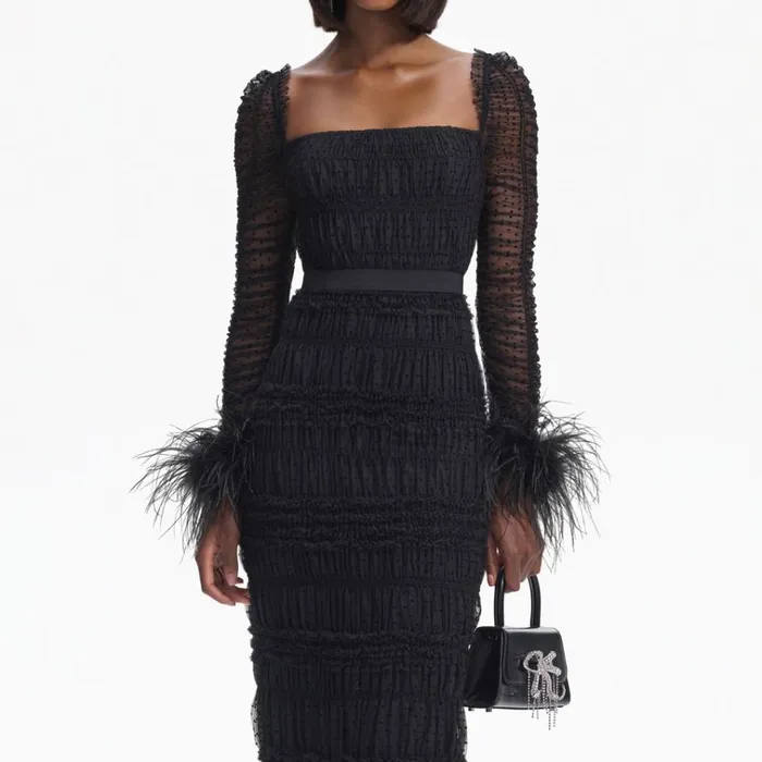 Self Portrait Dresses Black Dot Mesh Feather Midi Dress 8211 Women Self Portrait Dresses Black Dot Mesh Feather Midi Dress 8211 Women