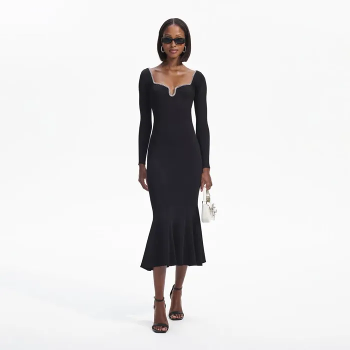 Self Portrait Dresses Black Knit Diamante Trim Midi Dress 8211 Women