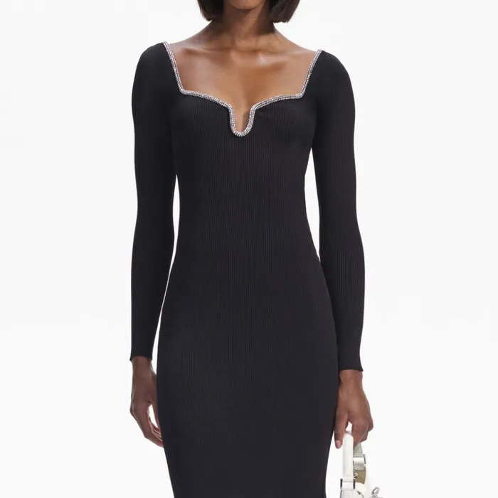 Self Portrait Dresses Black Knit Diamante Trim Midi Dress 8211 Women Self Portrait Dresses Black Knit Diamante Trim Midi Dress 8211 Women