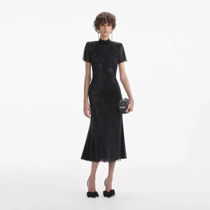 Self Portrait Dresses Black Rhinestone Mesh Midi Dress 8211 Women