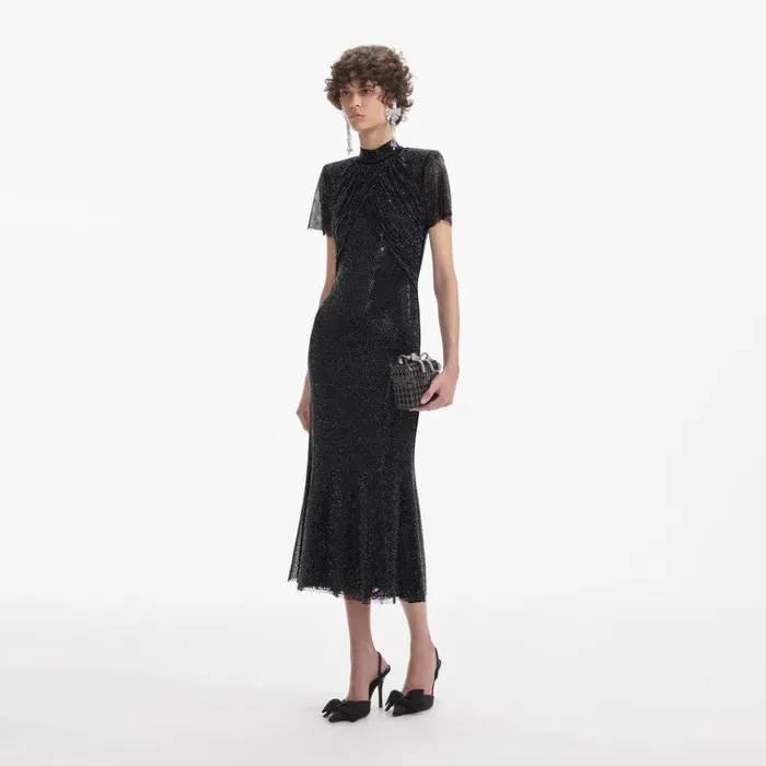 Self Portrait Dresses Black Rhinestone Mesh Midi Dress 8211 Women Self Portrait Dresses Black Rhinestone Mesh Midi Dress 8211 Women