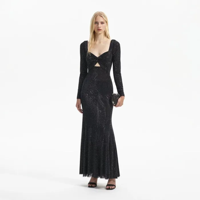 Self Portrait Dresses Black Rhinestone Mesh Sweetheart Midi Dress 8211 Women