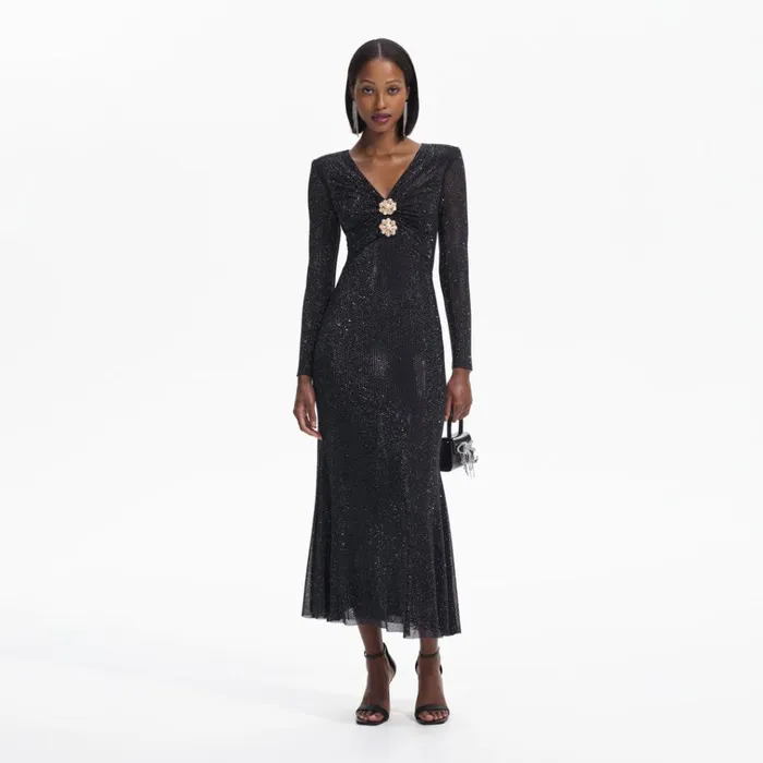 Self Portrait Dresses Black Rhinestone Mesh VNeck Midi Dress 8211 Women