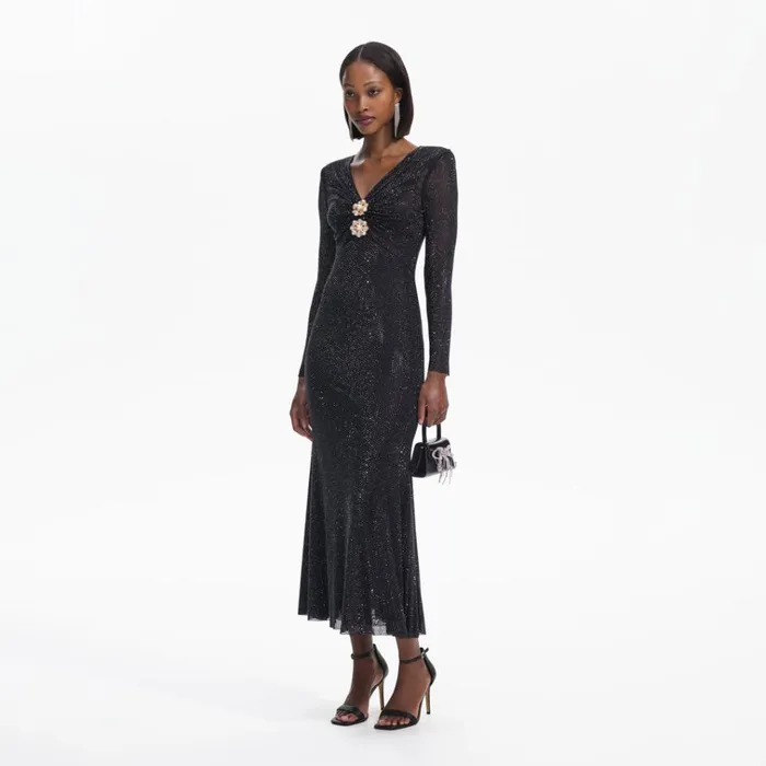 Self Portrait Dresses Black Rhinestone Mesh VNeck Midi Dress 8211 Women Self Portrait Dresses Black Rhinestone Mesh VNeck Midi Dress 8211 Women