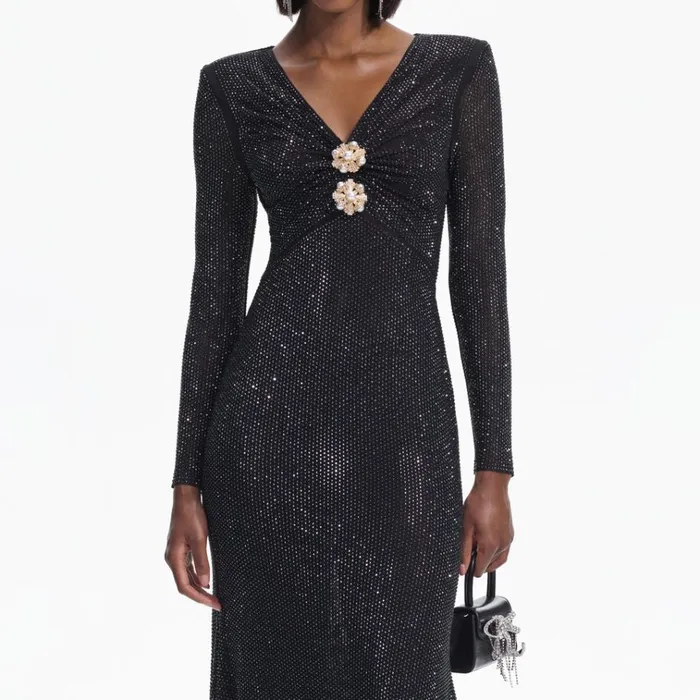 Self Portrait Dresses Black Rhinestone Mesh VNeck Midi Dress 8211 Women Self Portrait Dresses Black Rhinestone Mesh VNeck Midi Dress 8211 Women