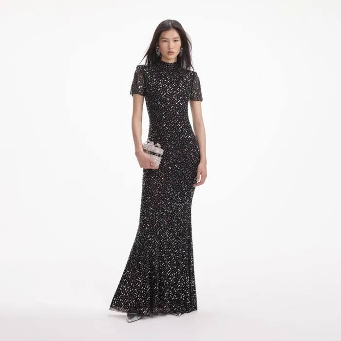 Self Portrait Dresses Black Square Rhinestone Mesh Maxi Dress 8211 Women