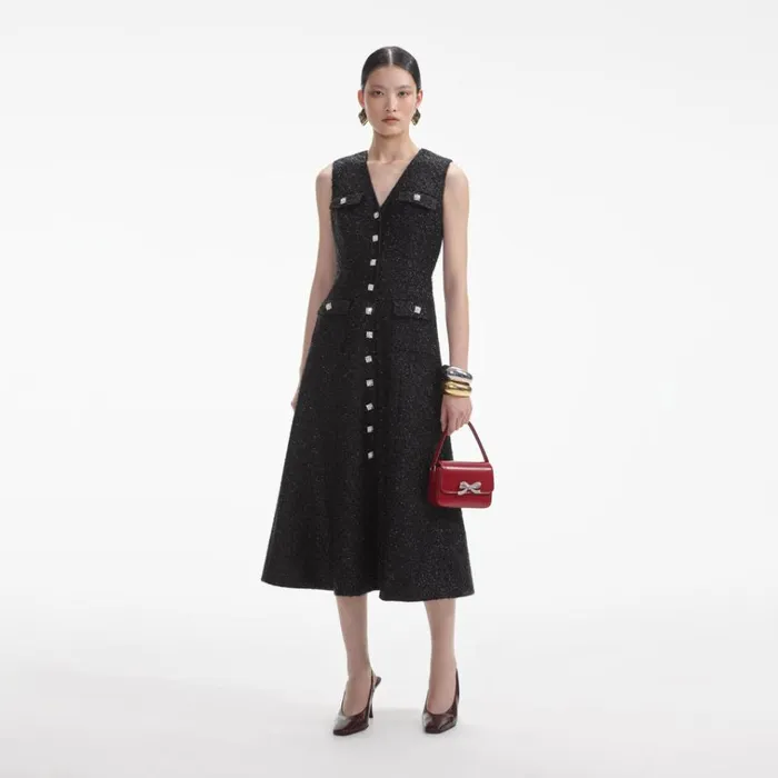 Self Portrait Dresses Black Tinsel Boucle Buttoned Midi Dress 8211 Women