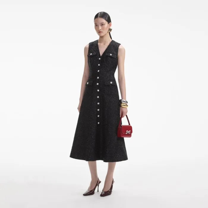 Self Portrait Dresses Black Tinsel Boucle Buttoned Midi Dress 8211 Women Self Portrait Dresses Black Tinsel Boucle Buttoned Midi Dress 8211 Women