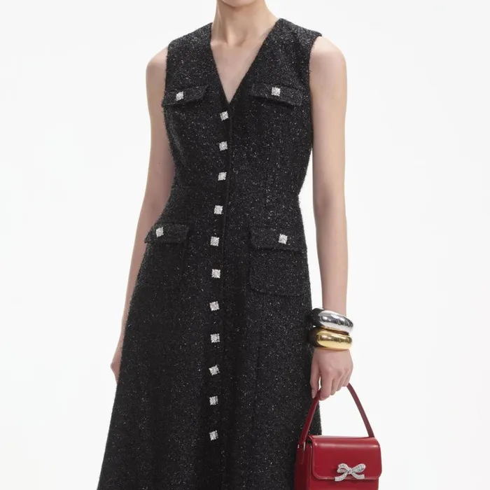 Self Portrait Dresses Black Tinsel Boucle Buttoned Midi Dress 8211 Women Self Portrait Dresses Black Tinsel Boucle Buttoned Midi Dress 8211 Women