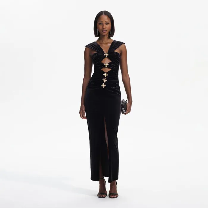 Self Portrait Dresses Black Velvet CutOut Slit Maxi Dress 8211 Women