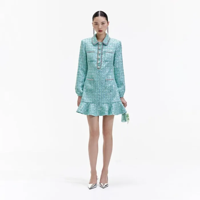 Self Portrait Dresses Blue Boucle Collared Mini Dress 8211 Women