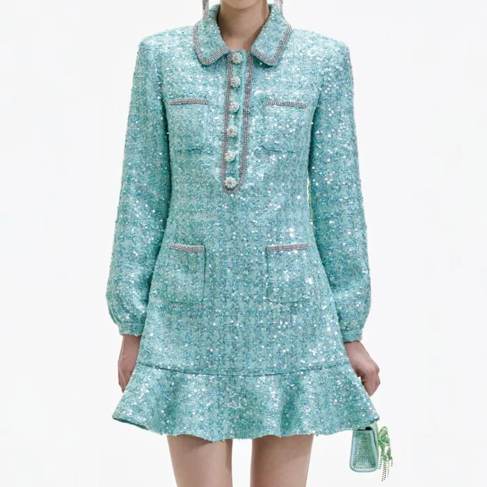 Self Portrait Dresses Blue Boucle Collared Mini Dress 8211 Women Self Portrait Dresses Blue Boucle Collared Mini Dress 8211 Women