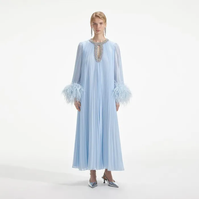 Self Portrait Dresses Blue Chiffon Feather Midi Dress 8211 Women